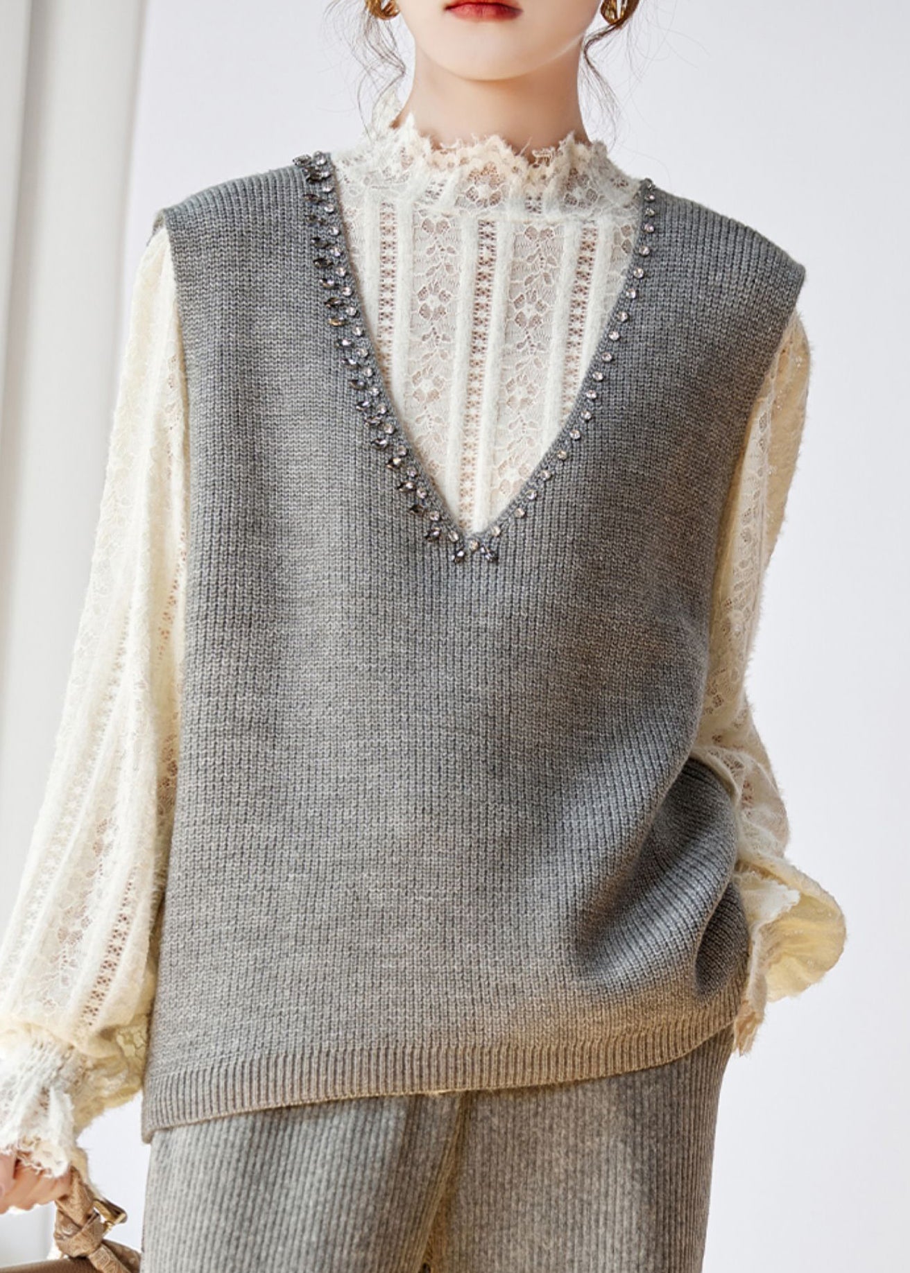 Women Grey V Neck Zircon Patchwork Knit Waistcoat Sleeveless