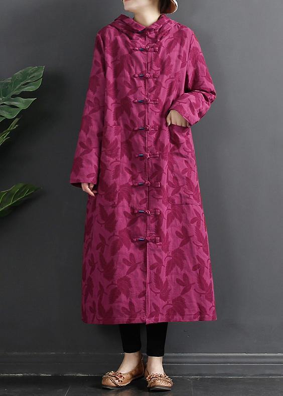 Women Hooded Chinese Button Rose Jacquard Robes Dress