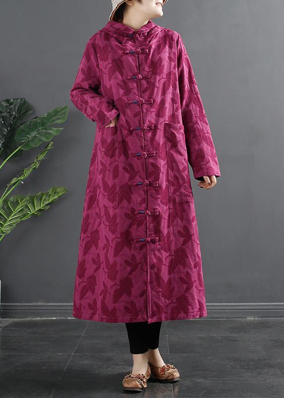 Women Hooded Chinese Button Rose Jacquard Robes Dress