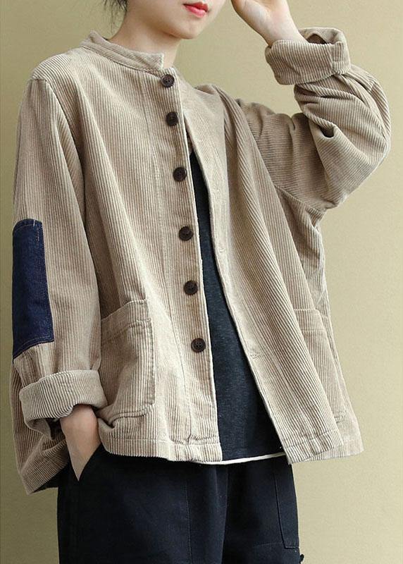 Women Khaki Button Patchwork Pockets Fall Long sleeve Top