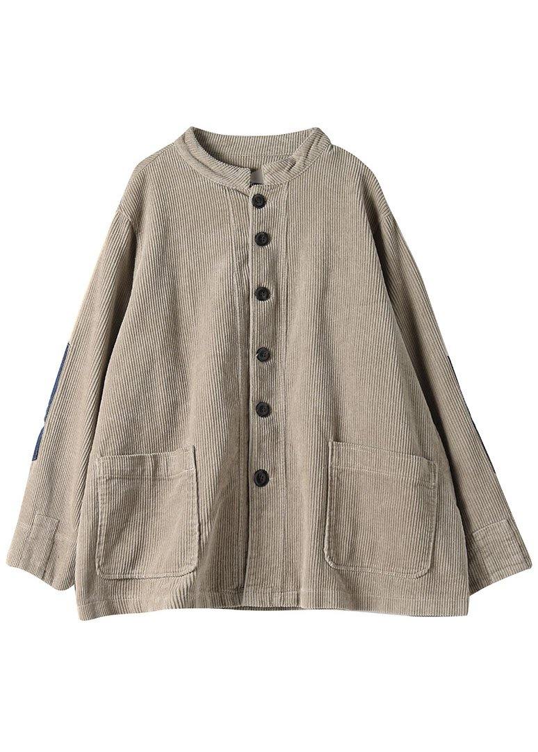 Women Khaki Button Patchwork Pockets Fall Long sleeve Top