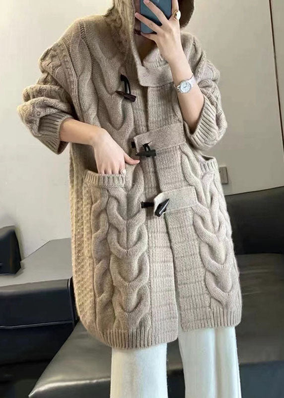 Women Khaki Hooded Oversized Cashmere Long Cardigans Winter