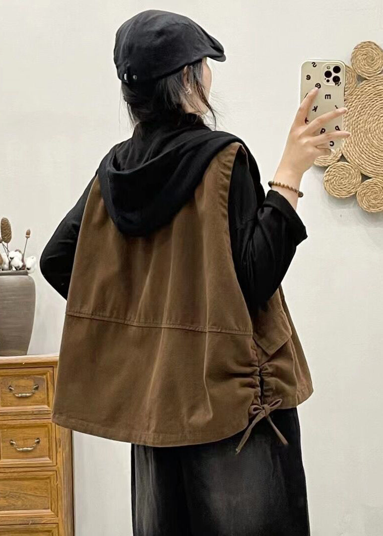 Women Khaki Hooded Zippered Patchwork Denim Vest Sleeveless