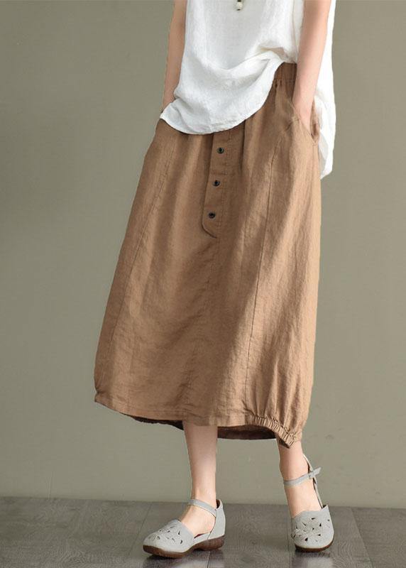 Women Beige-blue dot Linen Elastic Waist Button Skirt