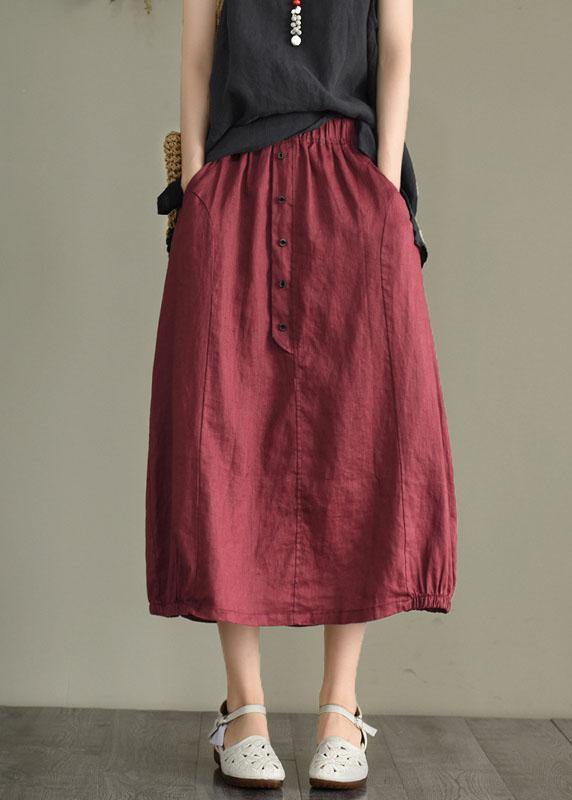 Women Beige-Diamond Linen Elastic Waist Button Skirt