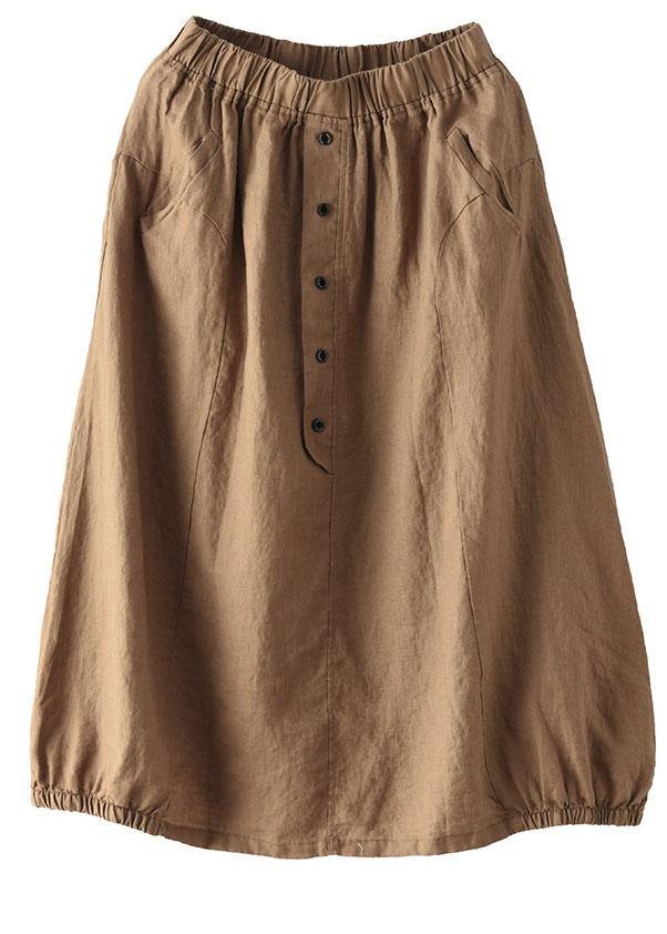 Women Beige-Diamond Linen Elastic Waist Button Skirt