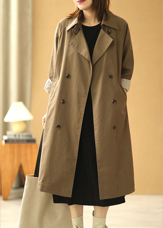 Women Khaki PeterPan Collar Pockets Button Fall Long Sleeve Trench