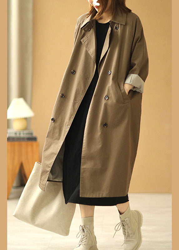 Women Khaki PeterPan Collar Pockets Button Fall Long Sleeve Trench