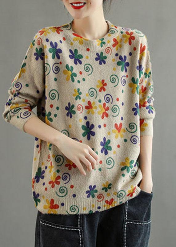 Women Khaki Retro Print Floral Knitted Sweaters Top