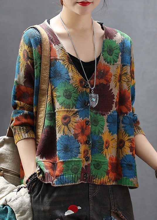 Women Khaki V Neck Print Knit cardigan Spring