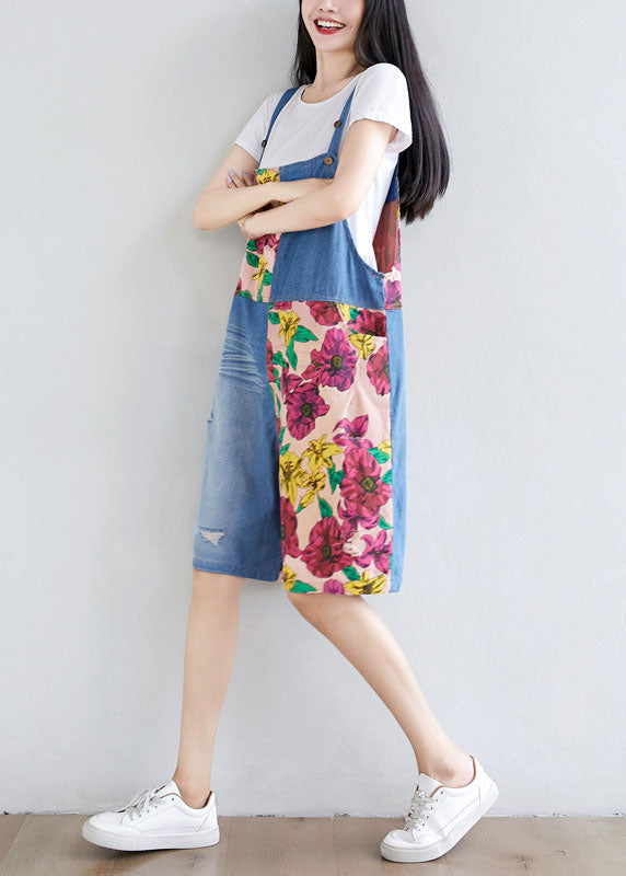 Women Light Blue Patchwork Print Cotton Overalls Jumpsuit Shorts Summer