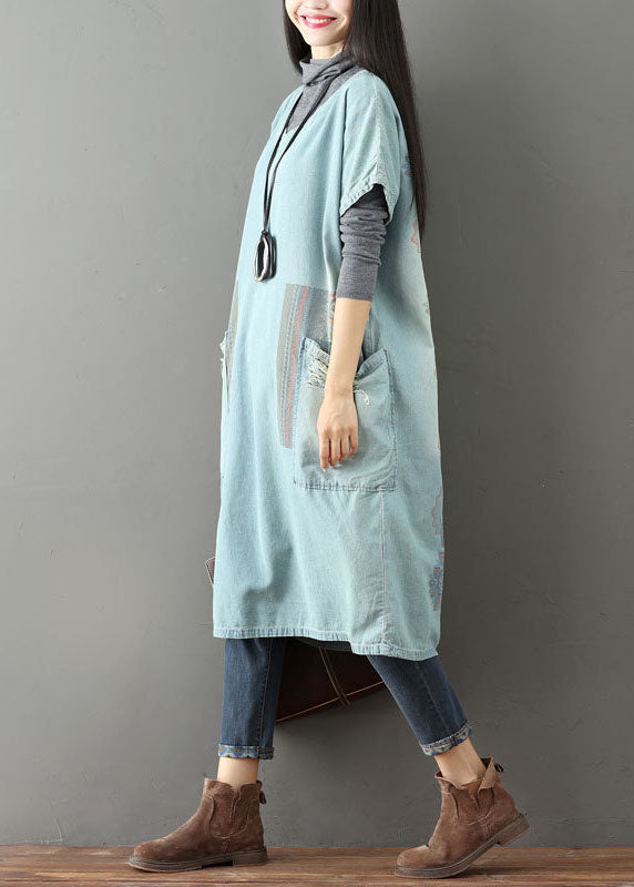 Women Light Blue V Neck Pockets Patchwork Denim Dresses Short Sleeve