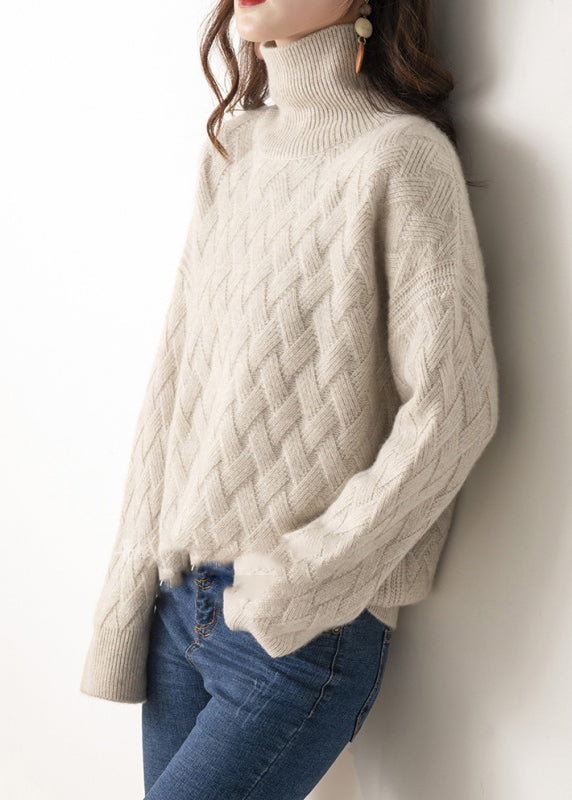 Women Light Camel Turtleneck Plaid Wool Knit Sweaters Spring