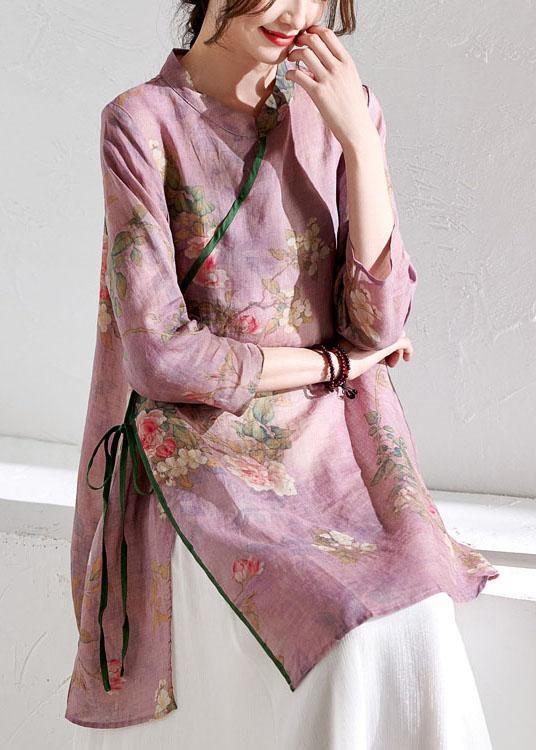 Women Light Purple Print Tie Waist Asymmetrical Design Spring Summer Ramie Shirt