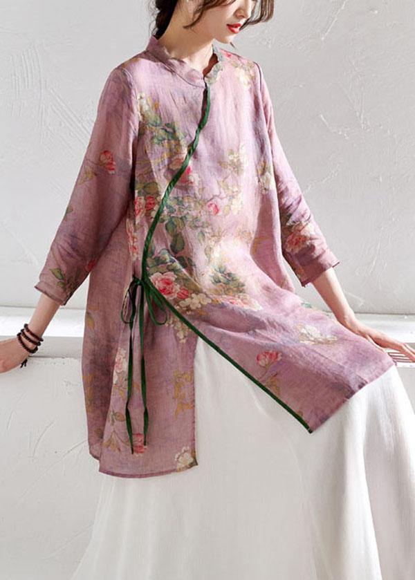 Women Light Purple Print Tie Waist Asymmetrical Design Spring Summer Ramie Shirt