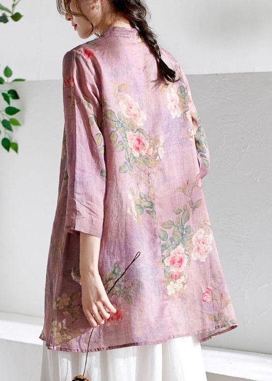 Women Light Purple Print Tie Waist Asymmetrical Design Spring Summer Ramie Shirt