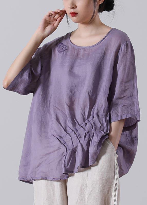 Women Light Purple asymmetrical design Cotton Linen Shirts Summer