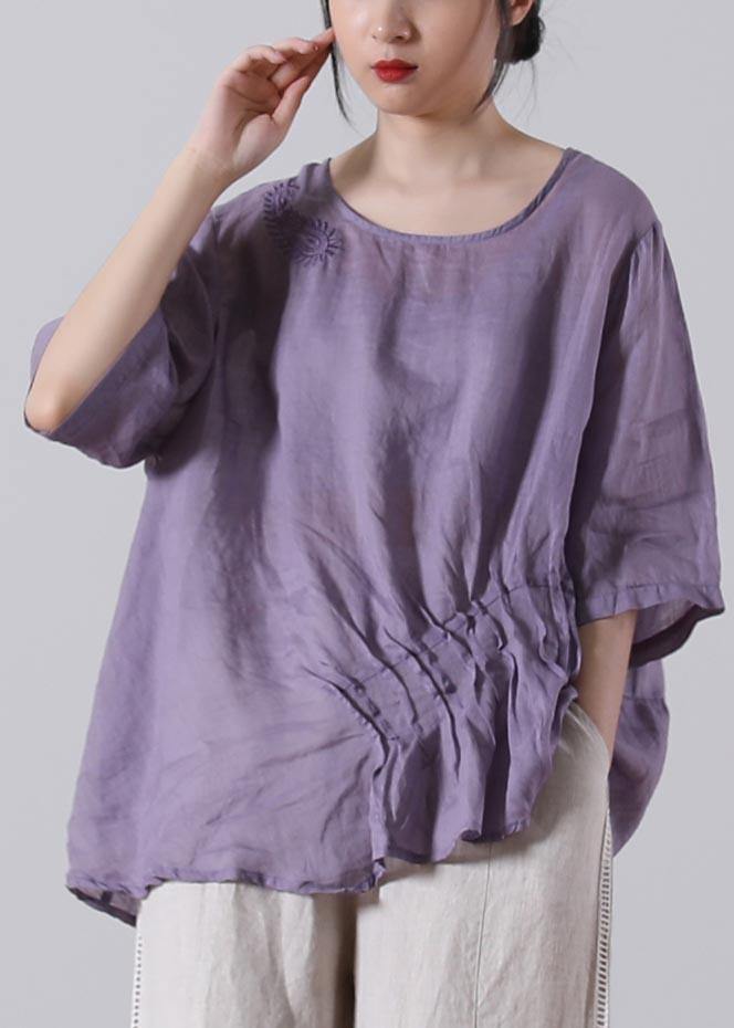 Women Light Purple asymmetrical design Cotton Linen Shirts Summer