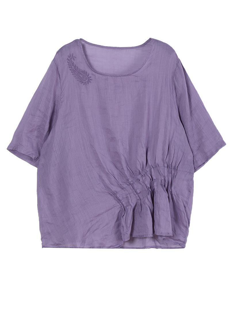 Women Light Purple asymmetrical design Cotton Linen Shirts Summer