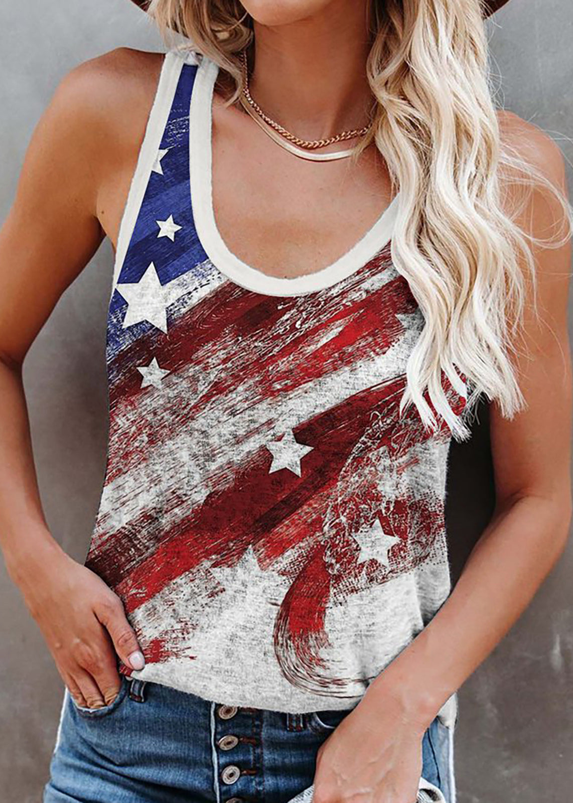 Women Mulberry O-Neck Independence Day Print Cotton Strap Tanks Sleeveless