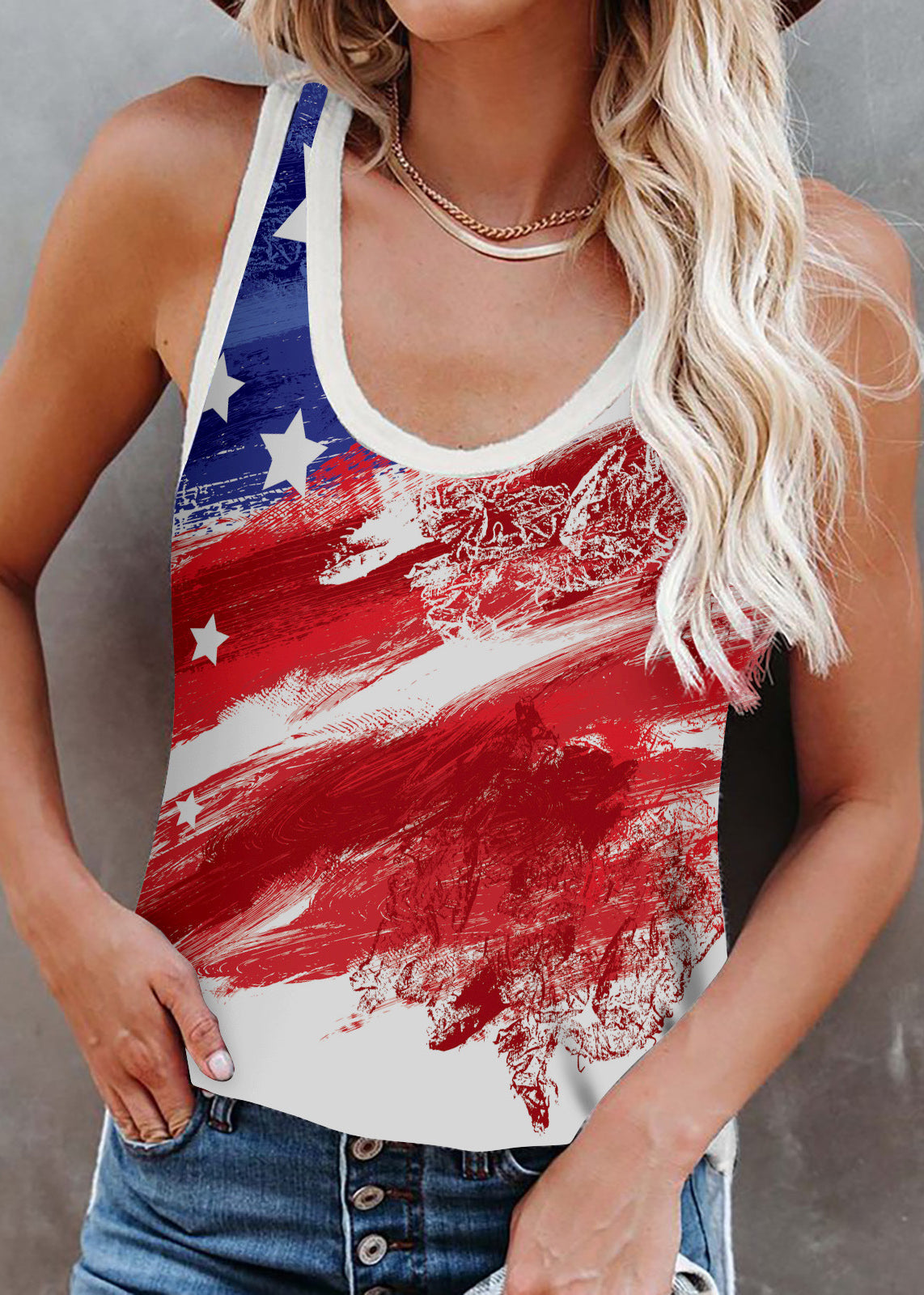 Women Mulberry O-Neck Independence Day Print Cotton Strap Tanks Sleeveless