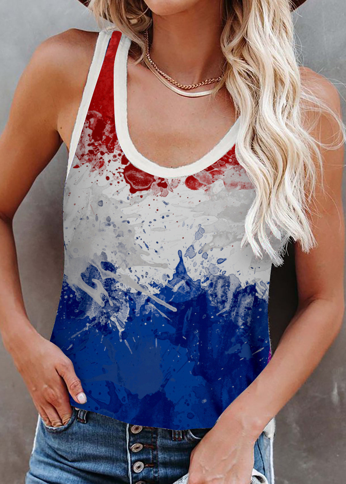 Women Mulberry O-Neck Independence Day Print Cotton Strap Tanks Sleeveless