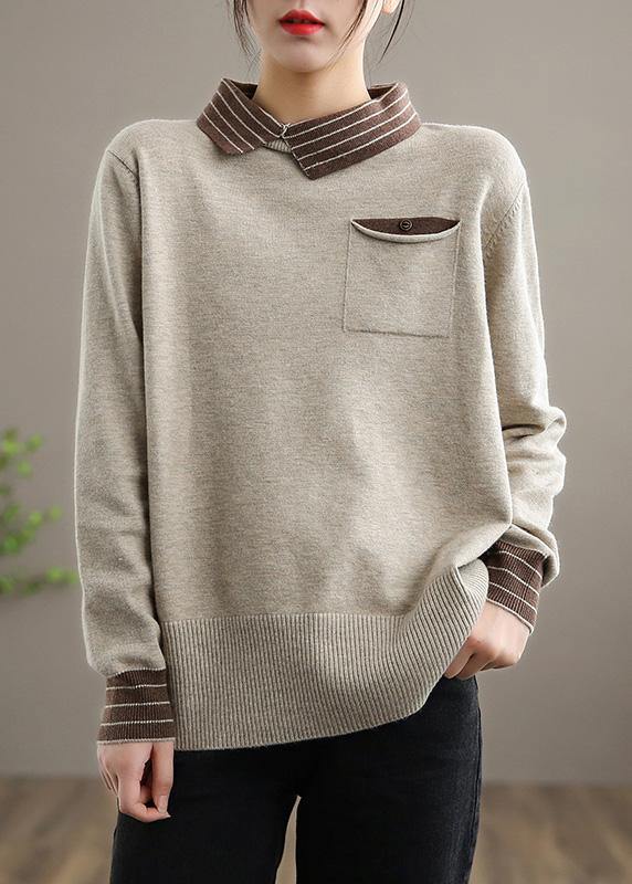 Women Nude Knit Tops Clothing Lapel Patchwork Knit Top Silhouette