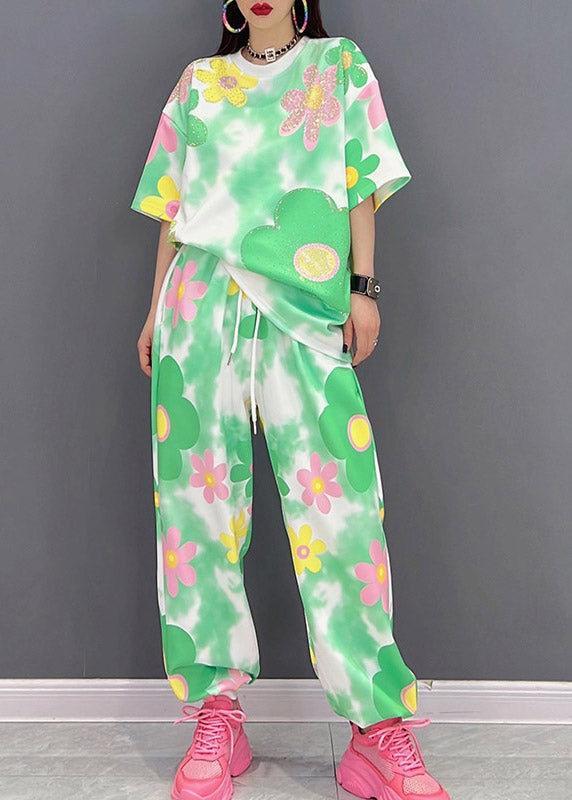 Women O-Neck Print Top And Pants Chiffon Two Piece Set Summer