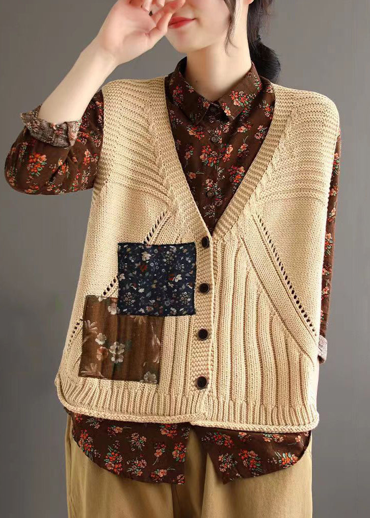 Women Orange Button Patchwork Cozy Cotton Knit Waistcoat Sleeveless