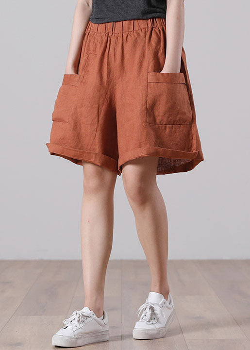 Women Orange Elastic Waist Pockets Solid Color Linen Shorts Summer