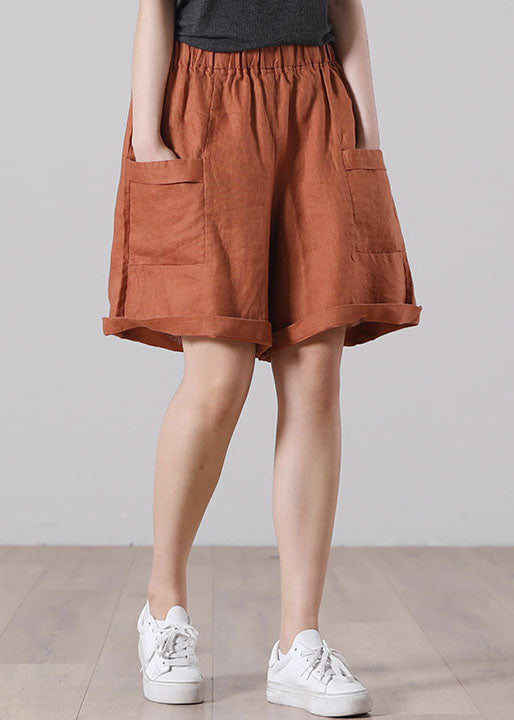 Women Orange Elastic Waist Pockets Solid Color Linen Shorts Summer