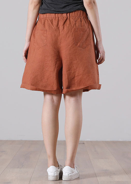 Women Orange Elastic Waist Pockets Solid Color Linen Shorts Summer