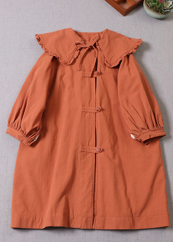 Women Orange Peter Pan Collar Button Cotton Winter Coat