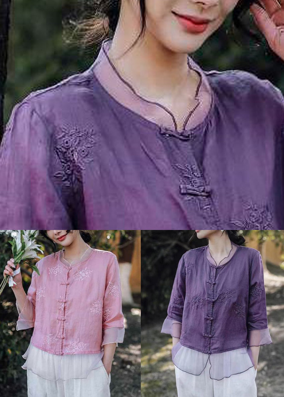 Women Pink Embroidered Button Linen Shirt Bracelet Sleeve