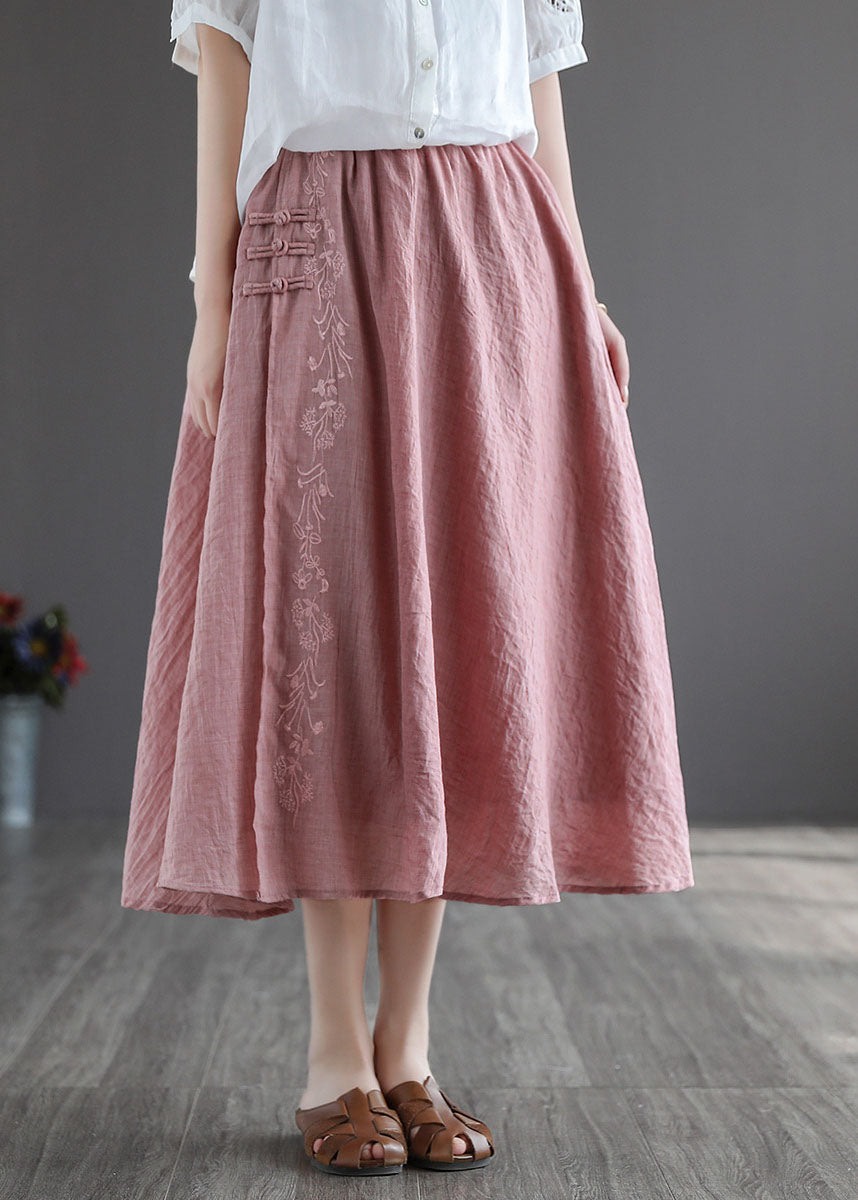 Women Pink Embroideried Chinese Button Linen Skirts Spring