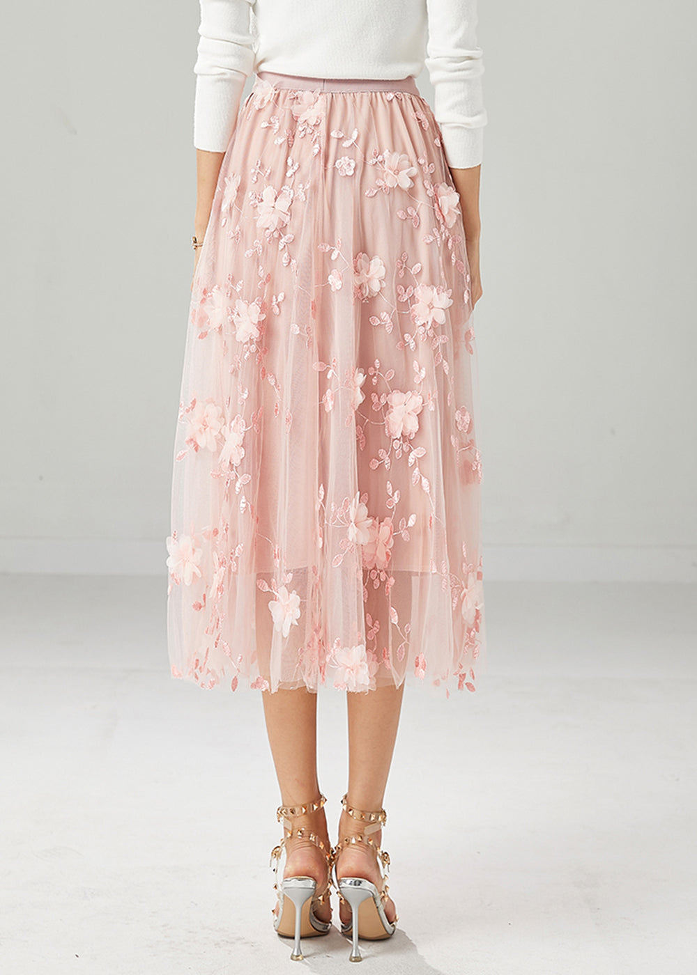 Women Pink Embroideried Stereoscopic Floral Tulle Skirt Fall