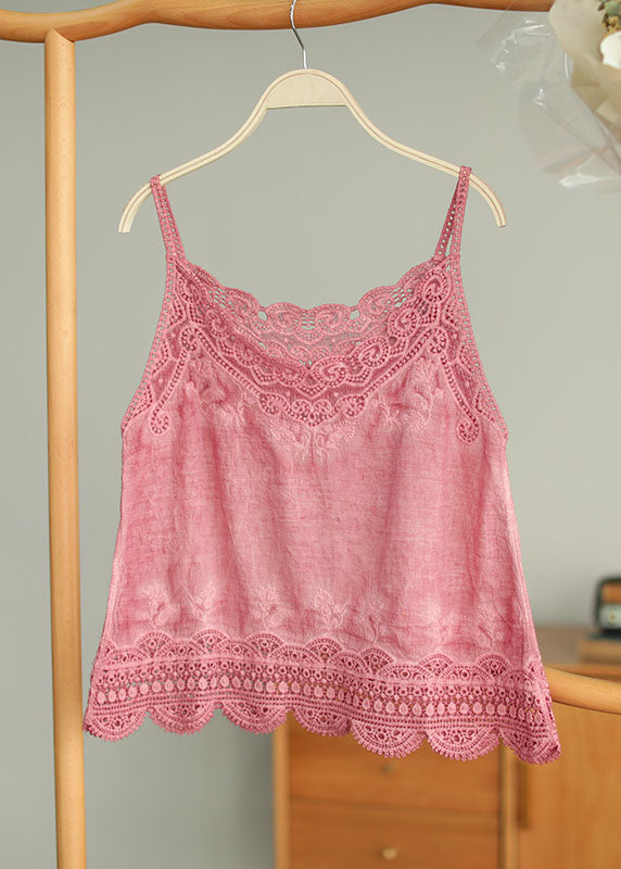 Women Pink Original Design Embroideried Cotton Spaghetti Strap Tops Summer