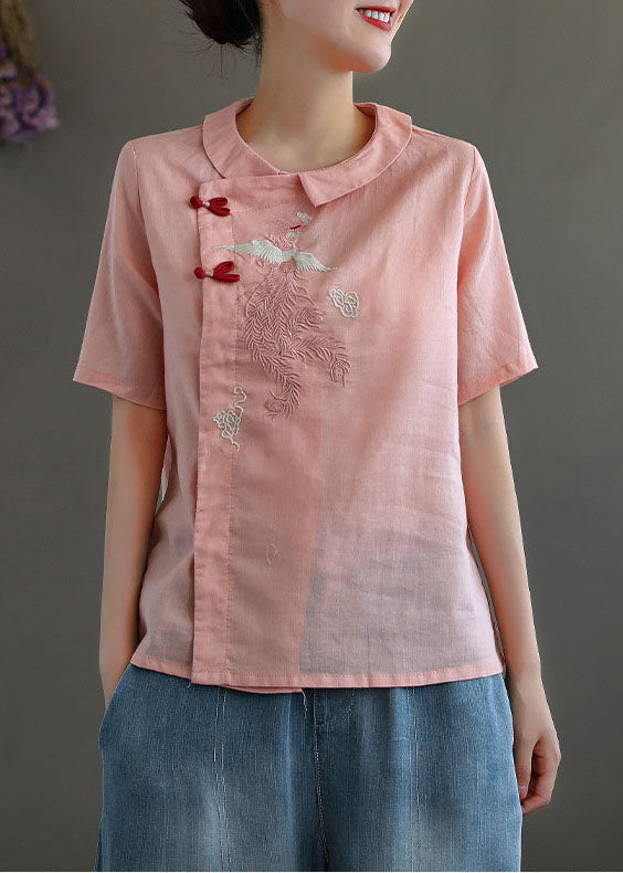 Women Pink Peter Pan Collar Embroideried Linen Blouse Tops Spring