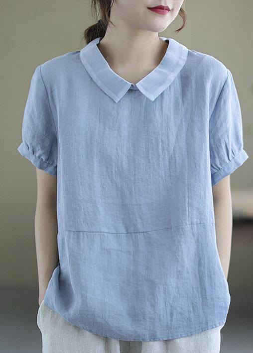 Women Pink Peter Pan Collar Patchwork Summer Ramie Shirts Short Sleeve