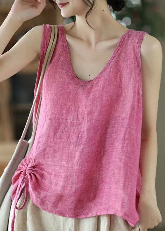 Women Pink Solid V Neck Lace Up Cotton Tank Sleeveless