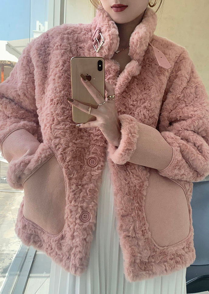 Women Pink Stand Collar Pockets Faux Fur Winter Coats