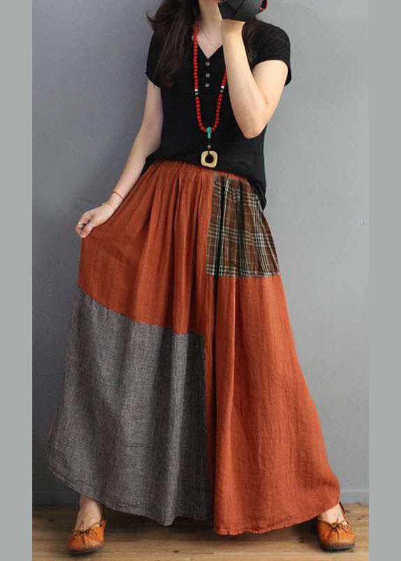 Women Plaid Patchwork Elastic Waist Swing Skirt With Pocket