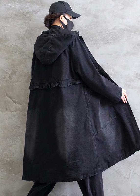 Women Plus Size Overcoat Denim Black Hooded Ruffles Outwear