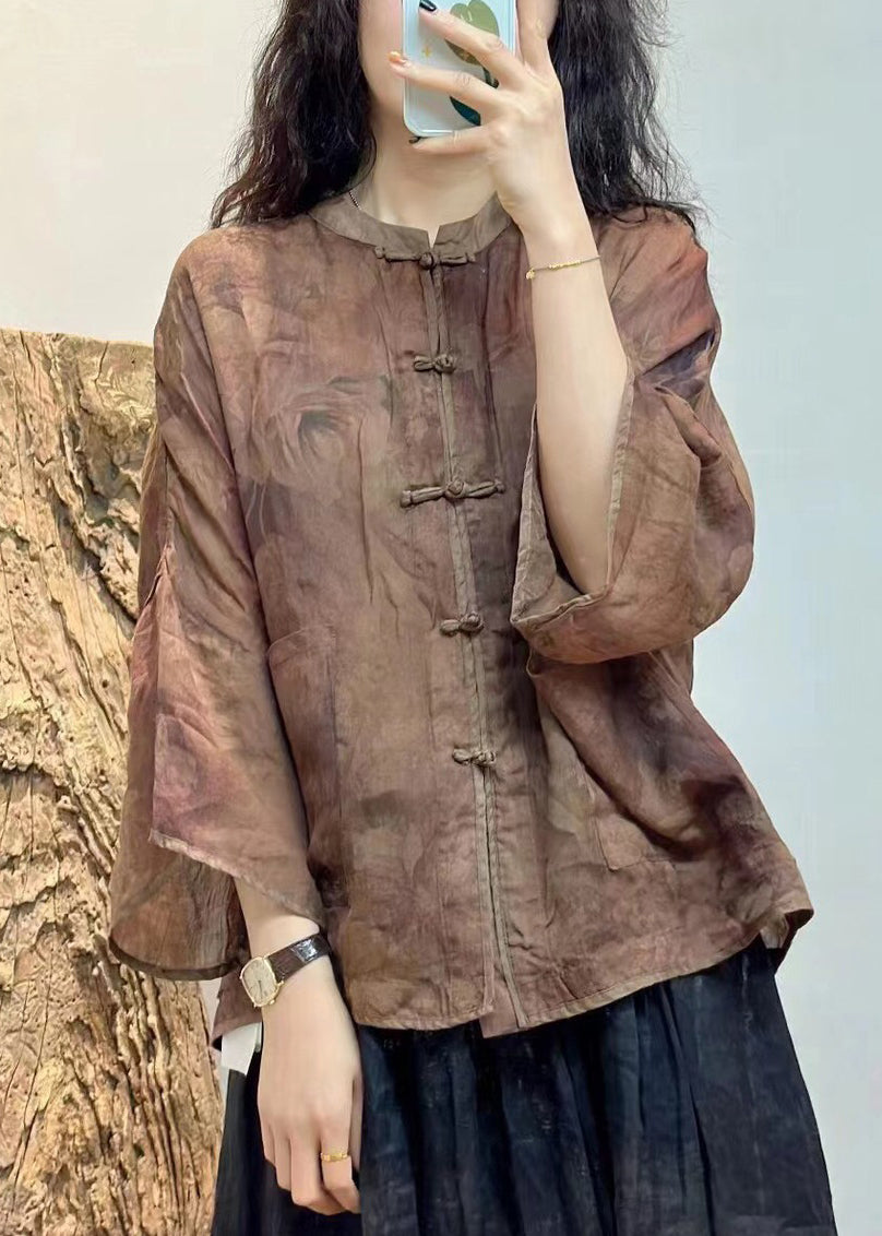 Women Purple Button Pockets Linen Shirt Spring