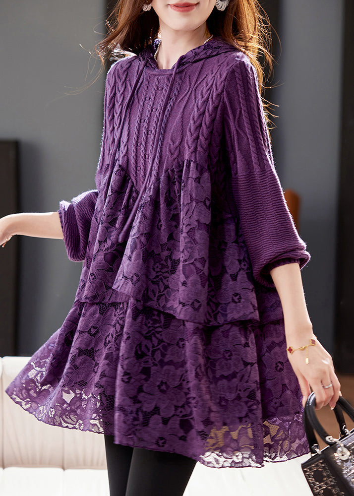 Women Purple Hooded Lace Patchwork Knit Dresses Winter