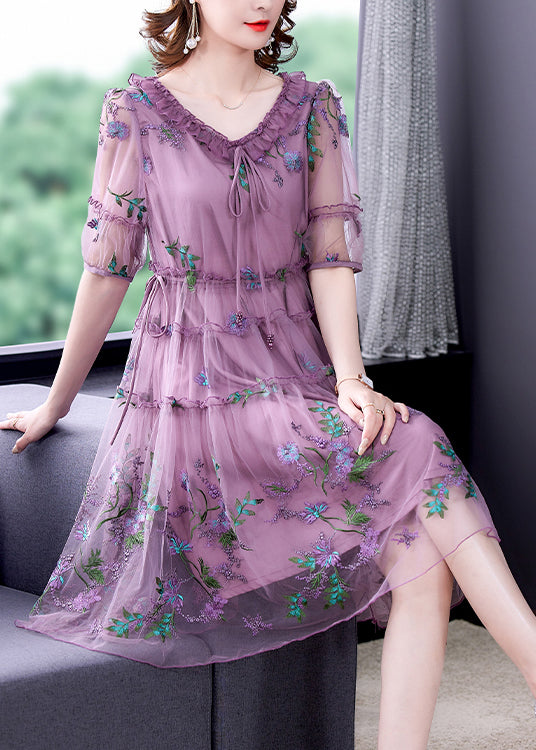 Women Purple Ruffled Tulle Patchwork Chiffon A Line Dress Half Sleeve