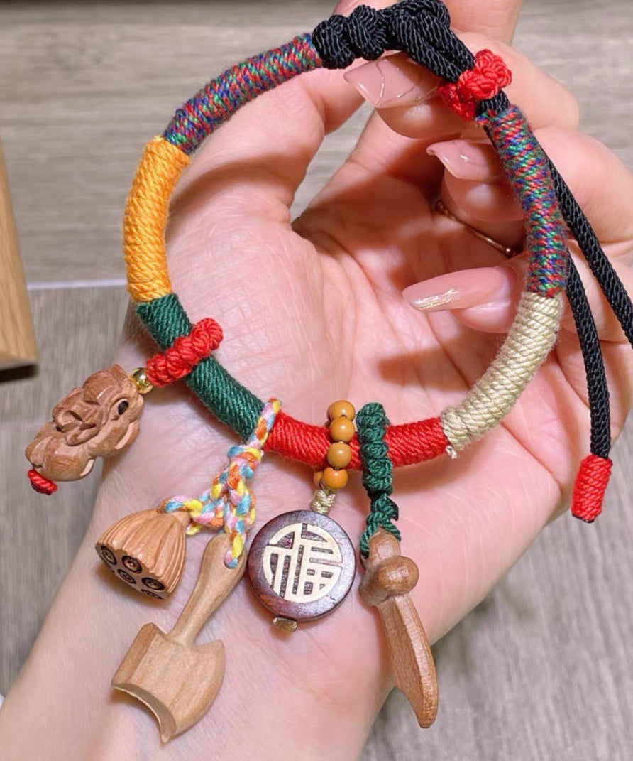 Women Rainbow Hand Woven Mahogany Tassel Charm Bracelet