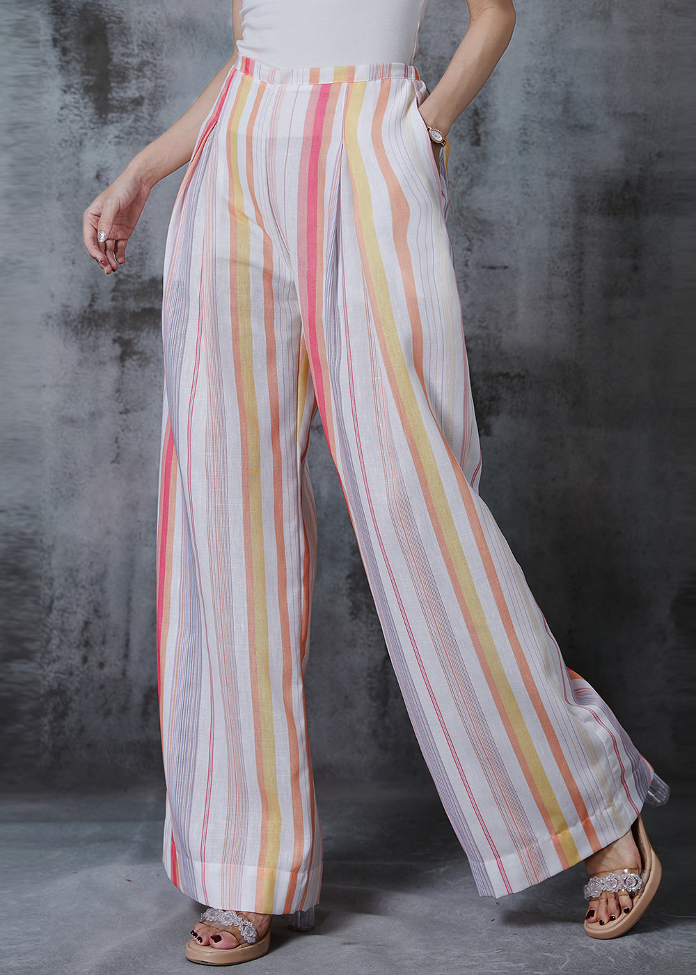 Women Rainbow Striped Cotton Wide Leg Pants Spring