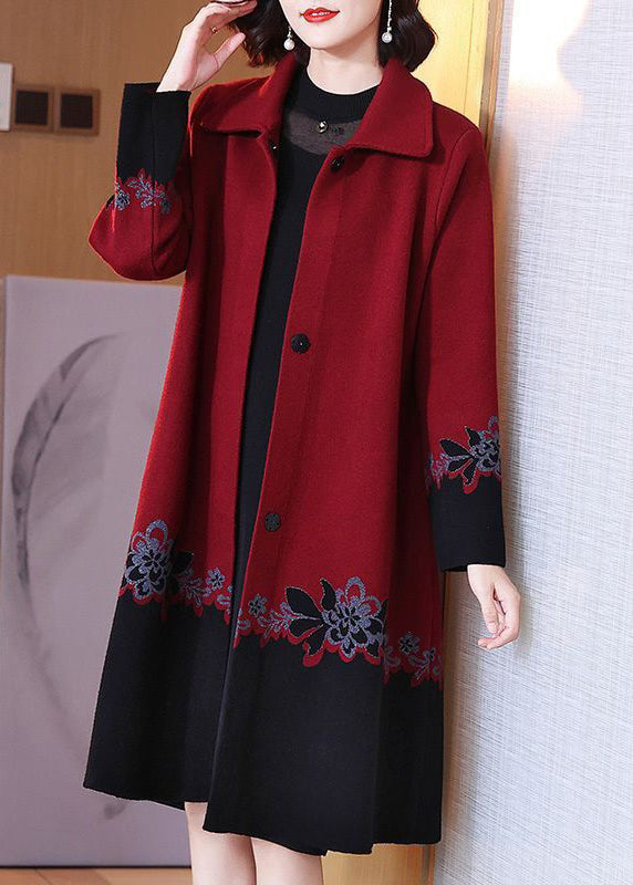 Women Red Button Print Patchwork Cotton Knit Coats Long Sleeve