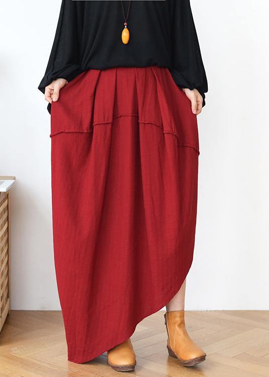 Women Red Elastic Waist Linen Skirt